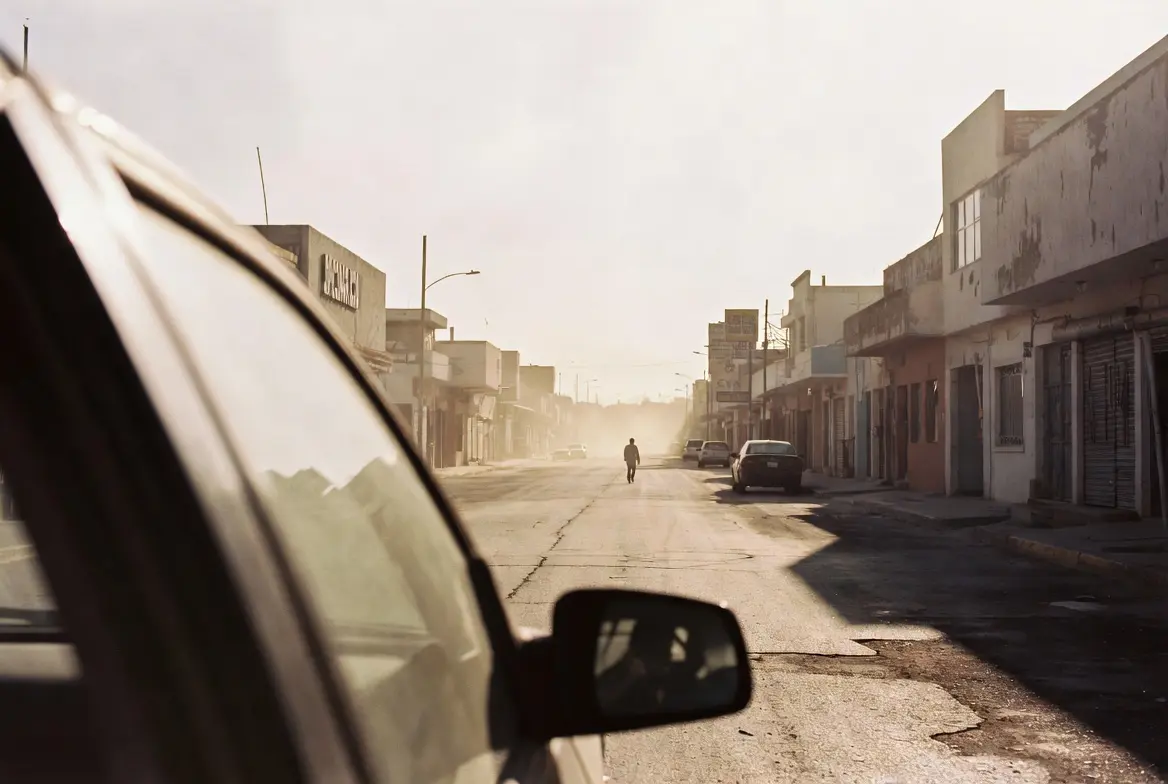 A dusty street in northern Mexico photographed from inside a parked car, a single figure walking away in the middle distance.